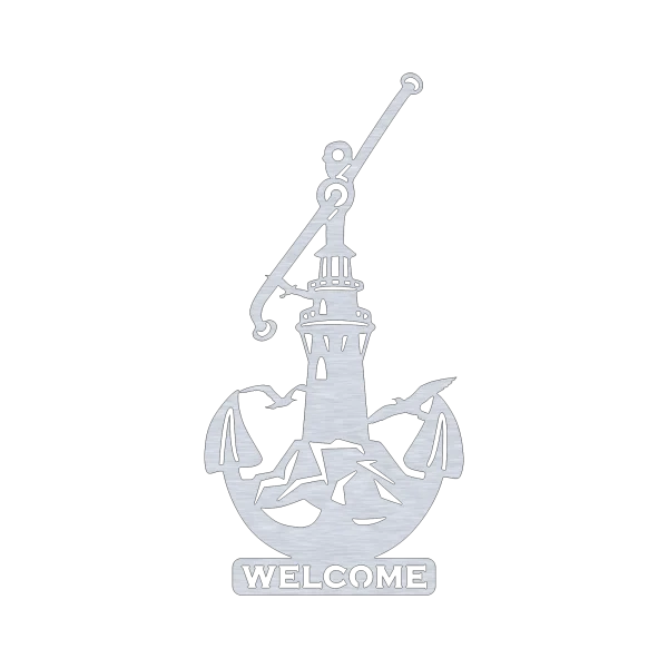 Aluminum nautical wall sign with an elegant design featuring an anchor at the top, a central lighthouse, and two seagulls with wings outstretched. The word ‘WELCOME’ is prominently displayed at the bottom center. The sign is precision-cut with smooth edges, offering a clean and modern look, ideal for any coastal-themed décor.